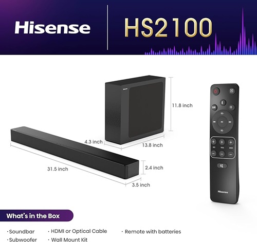HISENSE HS2100 SOUNDBAR 2.1 CH, DOLBY DIGITAL, BT, HDMI ARC, OPTICAL, EZPLAY, 5,25" SUBWOOFER (HS2100)